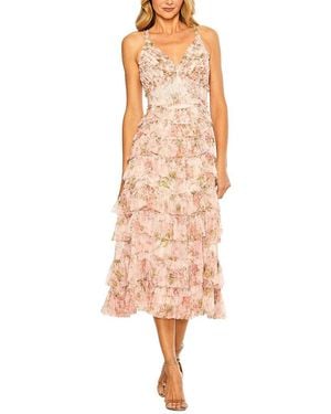 Mac Duggal Sleeveless V-Neck Floral Mesh Ruffle Midi Dress - Pink