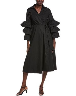 Gracia Layered Sleeve Wrap Midi Dress - Black