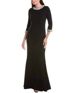 Teri Jon Crepe Elbow Sleeve Floral Jewel Trim Gown - Black