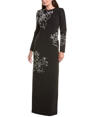 Teri Jon Crepe Floral Pearl Applique Gown - Black
