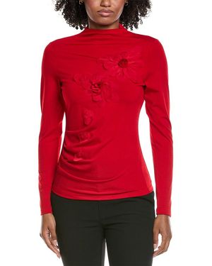 Gracia Mock Neck Flower Applique Top - Red