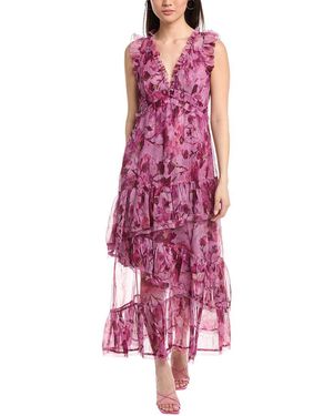 Marchesa Pleated Chiffon V-Neck Maxi Dress - Purple