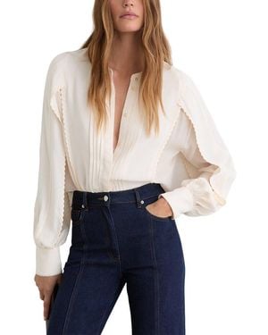 Reiss Maddie Pleated Embroidered Long Sleeve Blouse - Blue