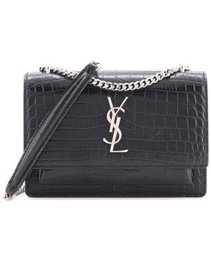 Saint Laurent Croc-Embossed Leather Sunset Chain Wallet (Authentic Pre- Loved) - Black