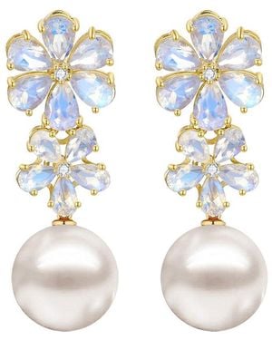 Nina Zhou Jewelry 14K 5.72 Ct. Tw. Diamond & Moonstone & 12-13Mm Pearl Drop Earrings - White
