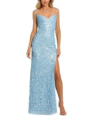 Mac Duggal Embellished Spaghetti Strap V Neck Gown With Slit - Blue