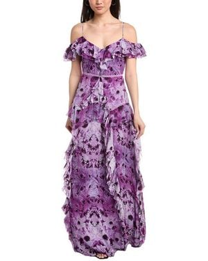 Marchesa Off-The-Shoulder Ruffled Neckline Gown - Purple