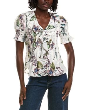 Tahari Short Gathered Sleeve Ruffle Top - White