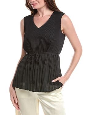 Misook V-Neck Tie-Waist Pleated Crepe De Chine Tank Top - Black