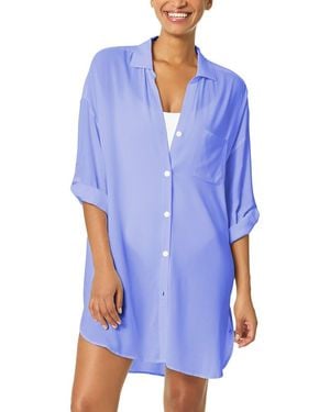 Anne Cole Mid Length Shirttail Button Down Top - Blue