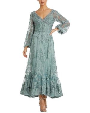 Mac Duggal V-Neck Mech Puff Sleeve A-Line Embellished Dress - Blue