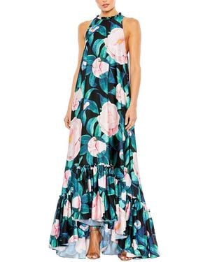 Mac Duggal High Neck Floral Babydoll Long Dress - Blue