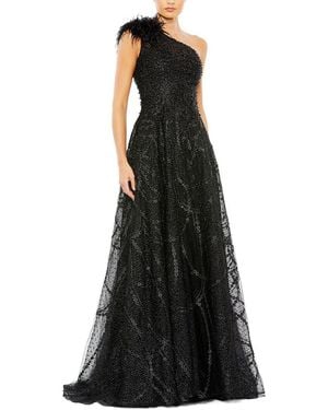 Mac Duggal Embellished One-Shoulder A-Line Gown With Feather Accent - Black