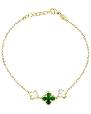Italian Gold 14K Malachite Station Chain Clover Bracelet - Metallic