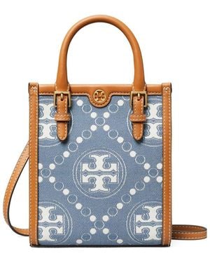 Tory Burch T Monogram Denim & Leather Mini N/S Tote - Blue