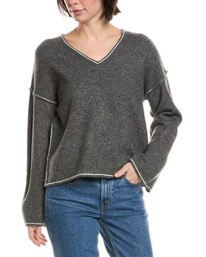 Vince Camuto V-Neck Contrast Crochet Sweater - Gray