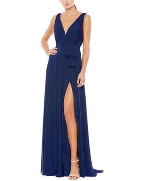 Mac Duggal Pleated V-Neck Draped Tie Gown - Blue