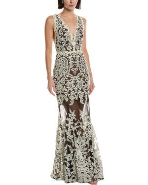 Marchesa Sleeveless Deep V-Neck Embroidered Gown - Metallic