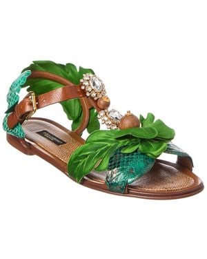 Dolce & Gabbana Floral Print Silk & Leather Sandal - Green