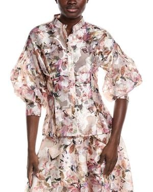 Gracia Floral Print Organza Puffed Sleeve Top - Pink