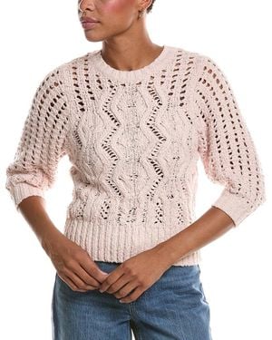 Autumn Cashmere Elbow Puff Sleeve Cable Crewneck Sweater - Pink