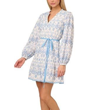 Adrianna Papell Tie Waist Eyelet Dress - Blue