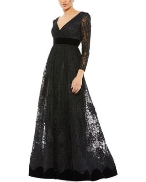 Mac Duggal Lace Long Sleeve V-Neck Wrap Over Gown - Black
