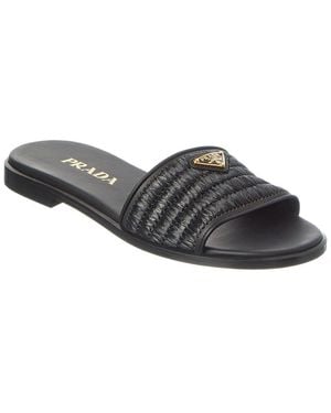 Prada Logo Leather Flat Sandal - Grey