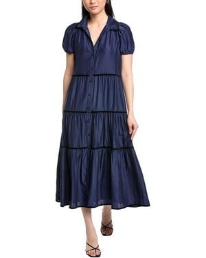 Sail To Sable Button Front Silk-Blend Maxi Shirt Dress - Blue