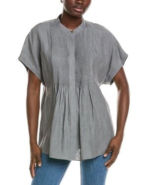 Lafayette 148 New York Pintuck Linen Bib Blouse - Grey