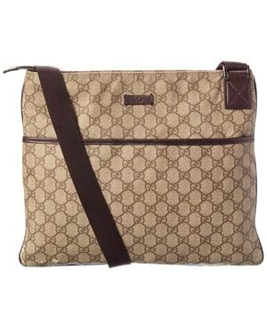 Gucci Gg Supreme & Leather Signature Pocket Flat Messenger (Authentic Pre-Loved) - Brown