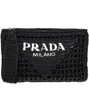 Prada Logo Raffia & Nylon Clutch - Black