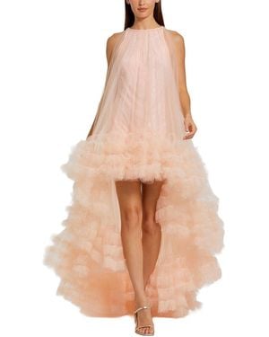 Mac Duggal Tulle High Neck Sleeveless Ruffled Hem Hi-Lo Gown - Natural