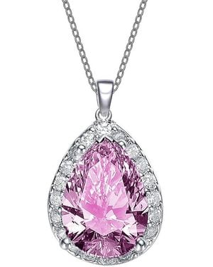 Rachel Glauber Rhodium Plated Cz Pendant Necklace - Pink