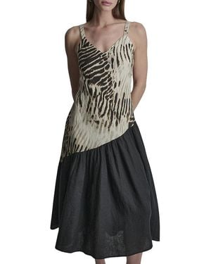 DKNY V-Neck Printed Panel Linen Dress - Black
