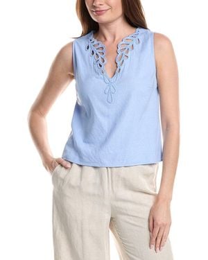 Ellen Tracy Embroidered Linen-Blend Tank Top - Blue