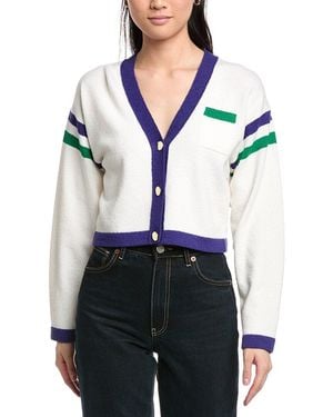 St. John Two Stripe Cropped V-Neck Wool-Blend Cardigan - White