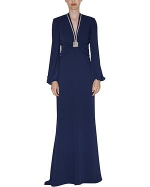 Reem Acra Blouson Sleeve V-Neck Gown - Blue