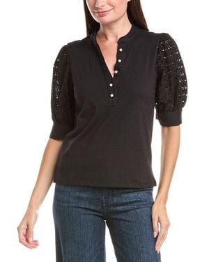 Cece Henley Mixed Media Top - Black