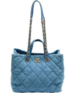 Chanel Quilted Fabric & Leather Coco Beach Shopper Tote (Authentic Pre- Owned) - Blue