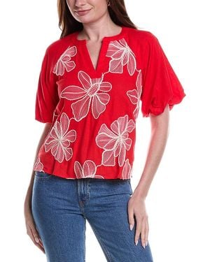 Vince Camuto Contrast Split Neck Linen-Blend Blouse - Red