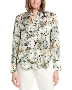 Anne Klein V-Neck Satin Pleat Front Blouse - Gray