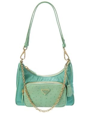 Prada Mini Tessuto & Ostrich Hobo Bag - Green