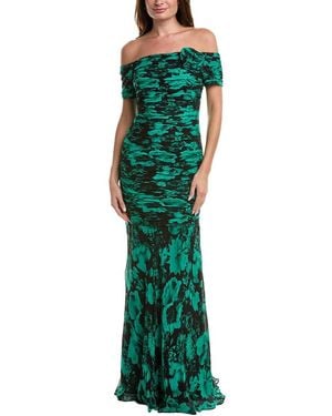 Teri Jon Printed Silk Maxi Dress - Green