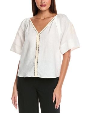 Tahari V-Neck Linen-Blend Blouse - White