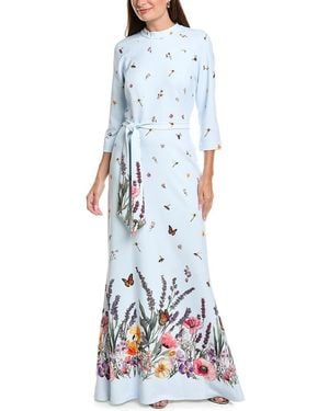 Teri Jon Crepe Border Print Gown - Blue