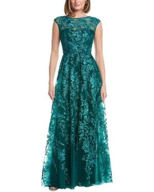Rene Ruiz Off-The-Shoulder Embroidered Tulle Gown - Green