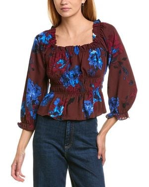 Laundry by Shelli Segal Floral Ruffle Neckline Smocked Peplum Blouse - Blue
