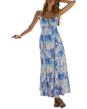 AMINA GLAM Sleeveless Printed Linen-Blend Maxi Dress - Blue