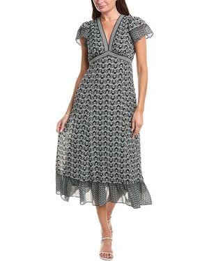 Max Studio V-Neck Ruffle Sleeve & Hem Midi Dress - White